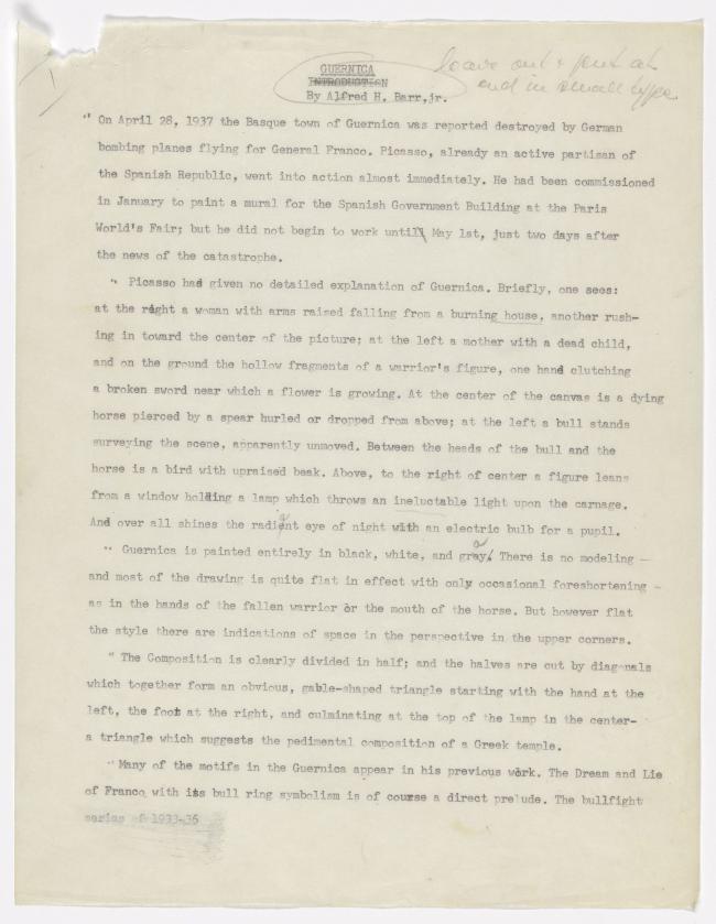 Borrador de la introducción de Guernica: Pablo Picasso de Juan Larrea