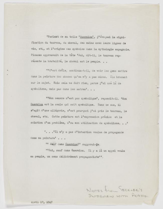 Notas de la entrevista de Jerome Seckler a Pablo Picasso