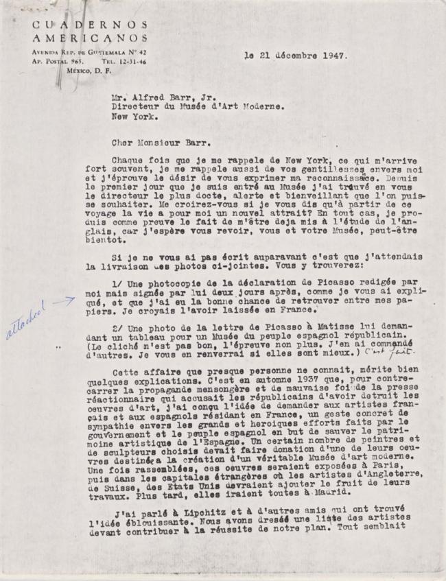 Juan Larrea's letter to Alfred H. Barr Jr., dated 21 December 1947