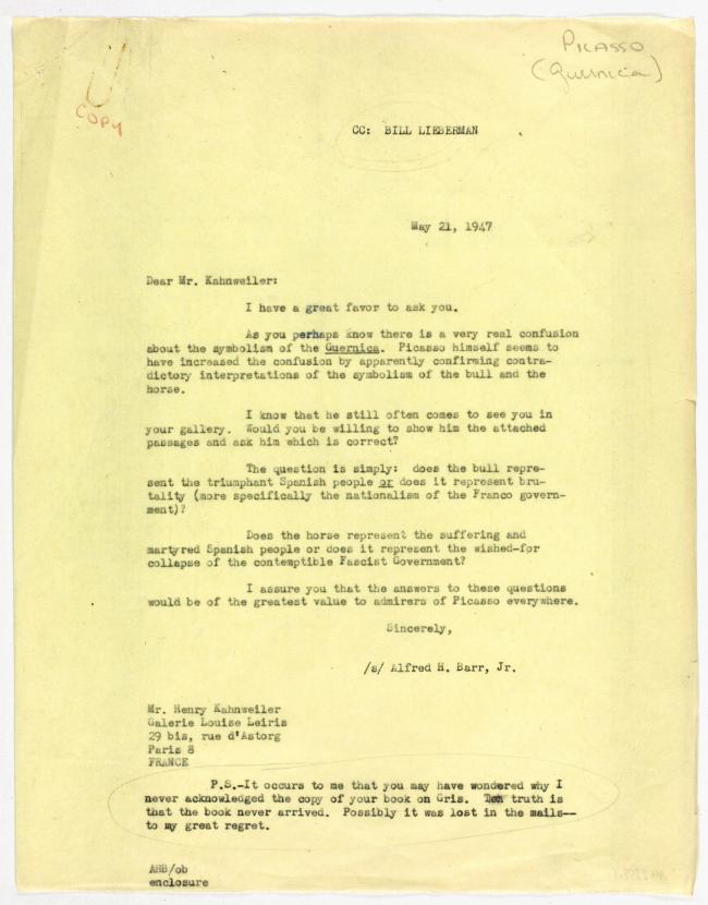 Alfred H. Barr Jr.'s letter to Daniel-Henry Kahnweiler, dated 21 May 1947
