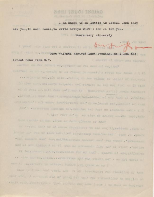 EN Carta de Daniel-Henry Kahnweiler a Alfred H. Barr Jr.