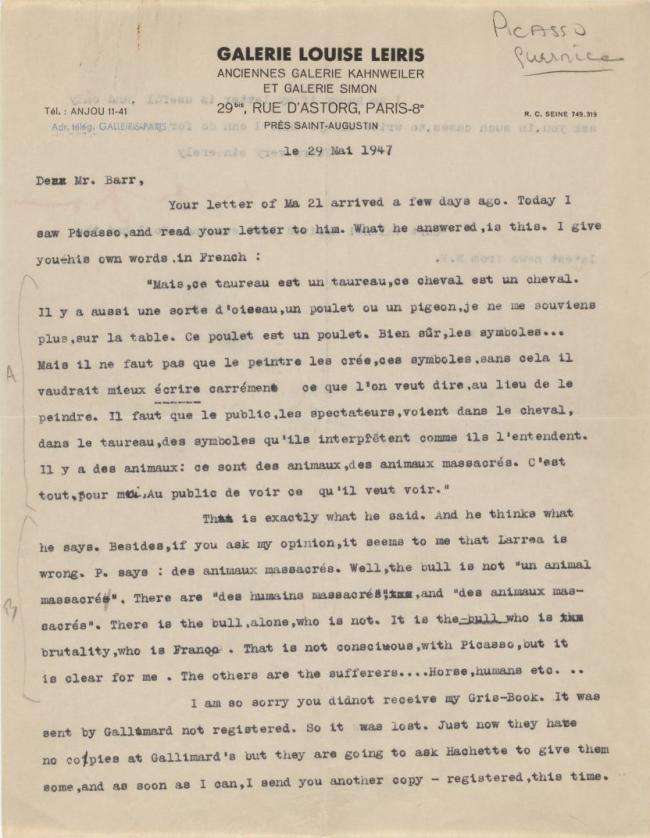 Daniel-Henry Kahnweiler's letter to Alfred H. Barr Jr., dated 29 May 1947