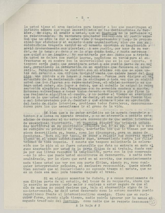Carta de Juan Larrea a Pablo Picasso del 6 de septiembre de 1947