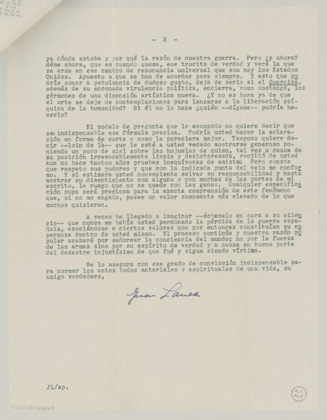 Carta de Juan Larrea a Pablo Picasso del 6 de septiembre de 1947