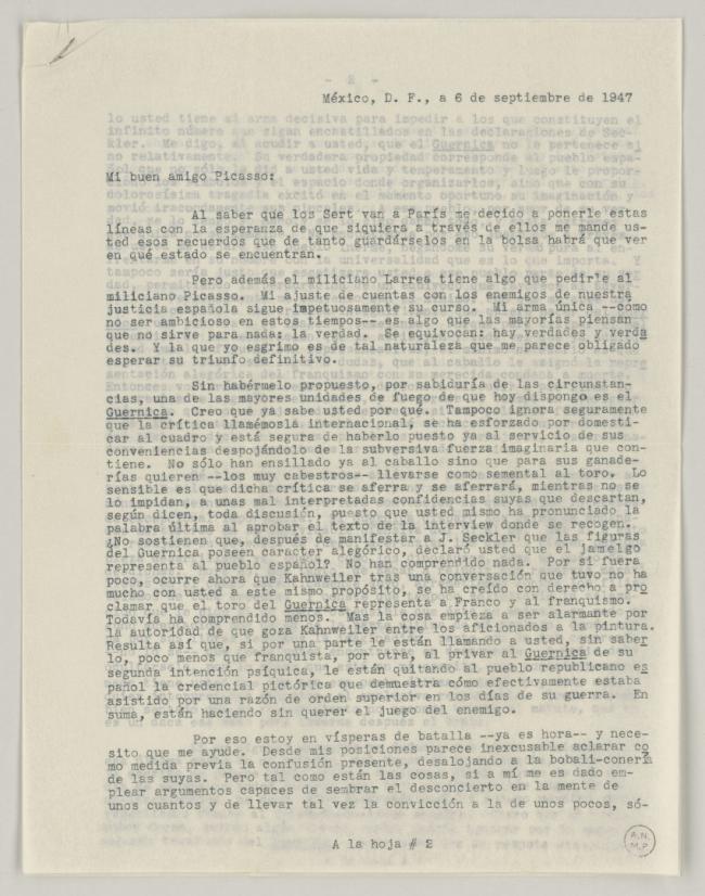 Carta de Juan Larrea a Pablo Picasso del 6 de septiembre de 1947