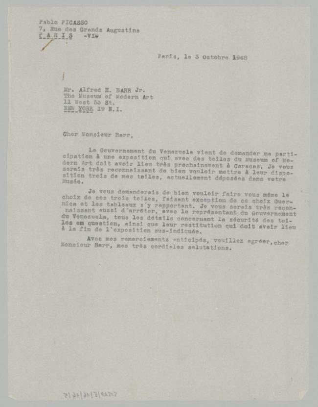 EN Carta de Pablo Picasso a Alfred H. Barr Jr.