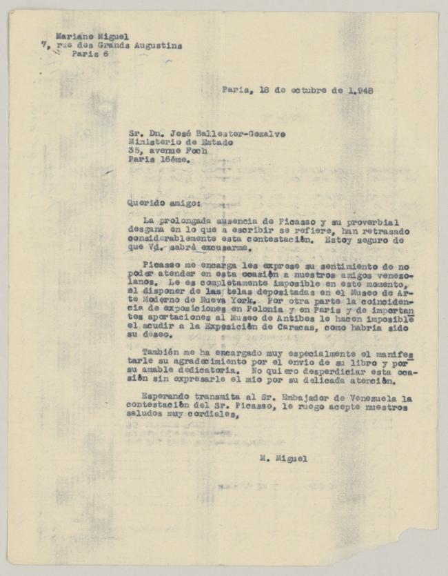 A letter from Mariano Miguel to José Ballester-Gozalvo