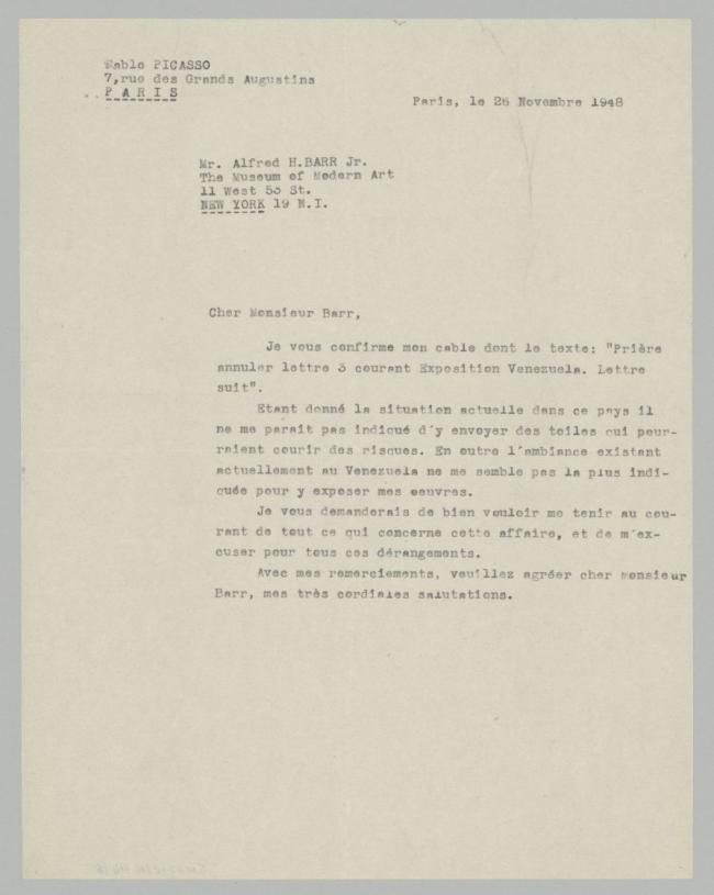 EN Carta de Pablo Picasso a Alfred H. Barr Jr.
