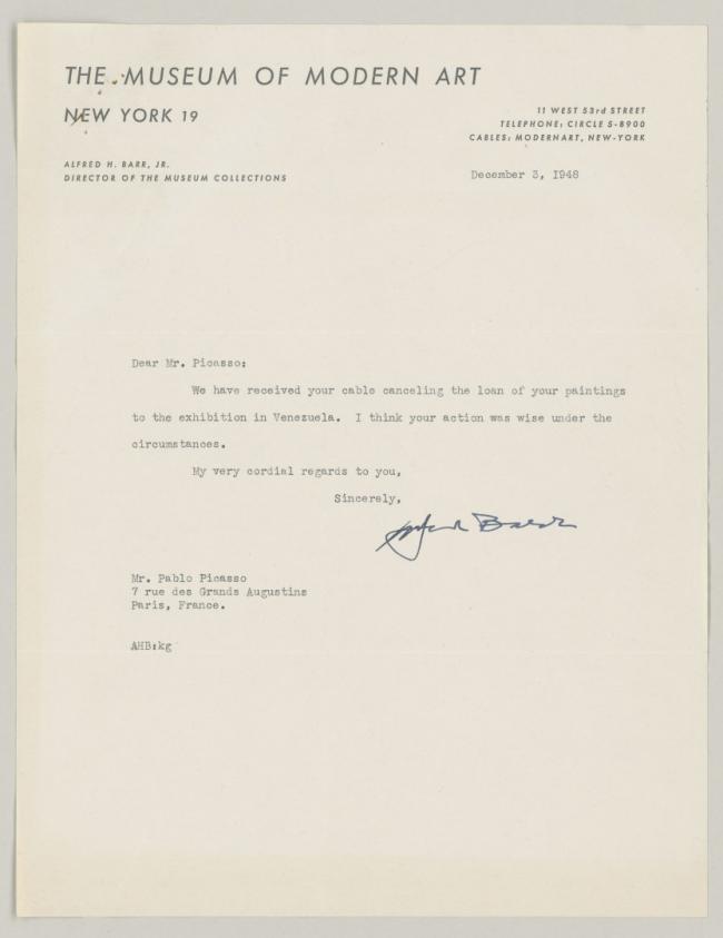 Alfred H. Barr Jr's letter to Pablo Picasso, dated 3 December 1948