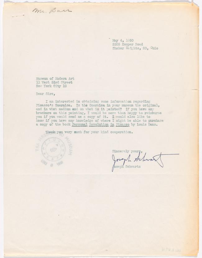Carta de Joseph Schwartz al Museum of Modern Art de Nueva York