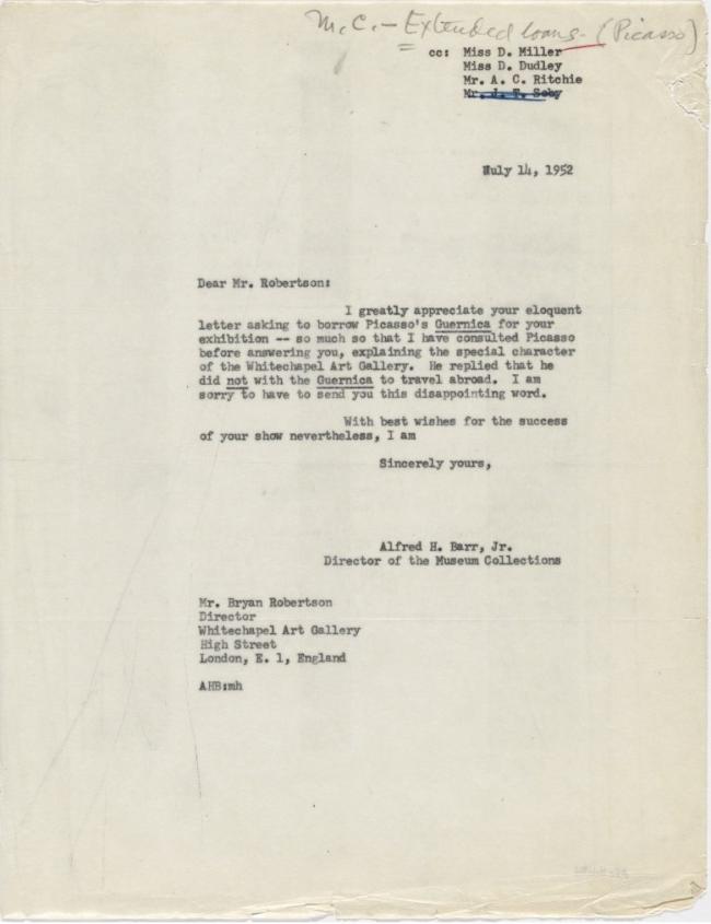 Carta de Alfred H. Barr Jr. a Bryan Robertson