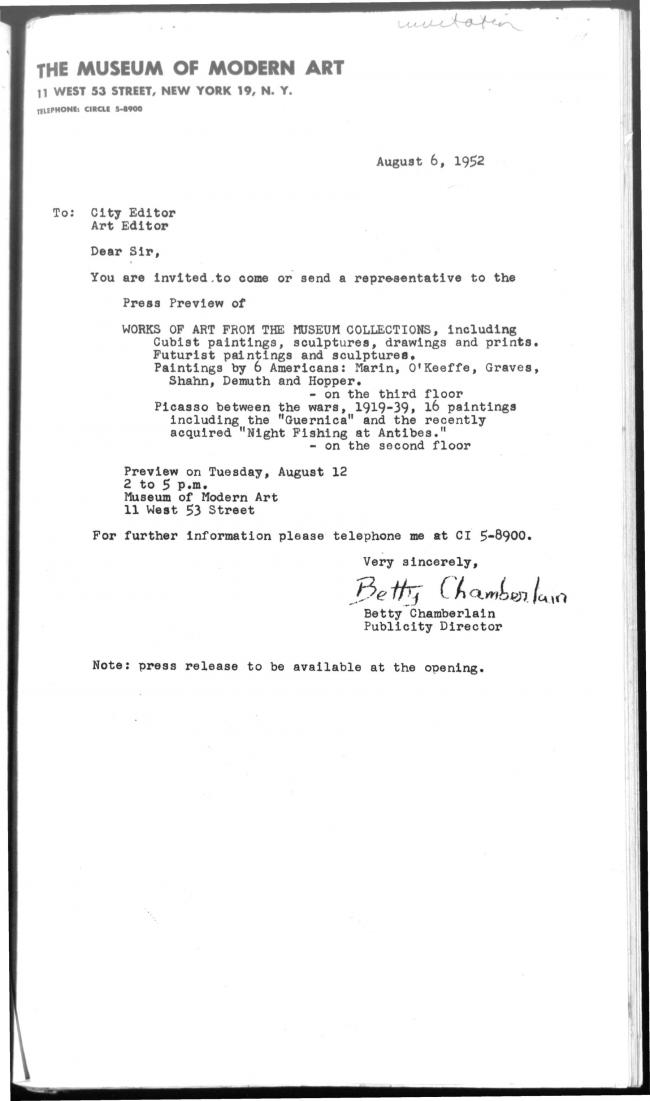 Press dossier on various exhibitions held at the Museum of Modern Art, New York