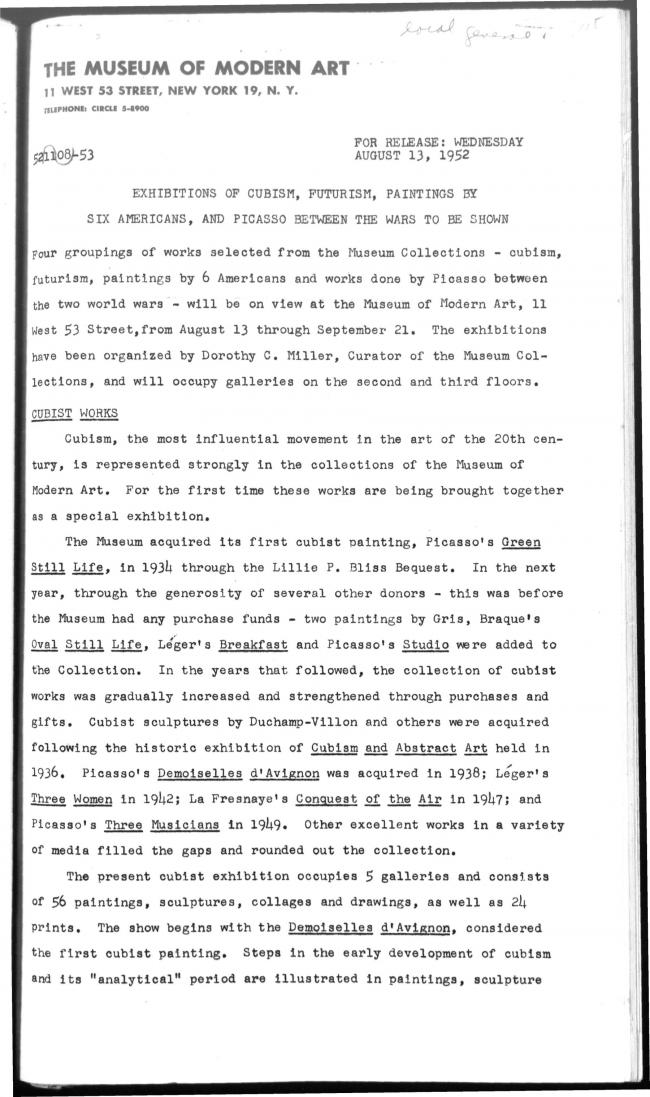 Press dossier on various exhibitions held at the Museum of Modern Art, New York