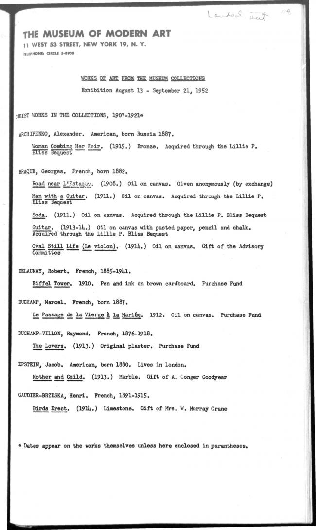 Press dossier on various exhibitions held at the Museum of Modern Art, New York