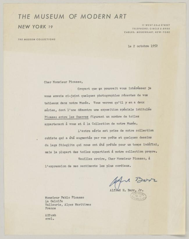 Carta de Alfred H. Barr Jr. a Pablo Picasso del 2 de octubre de 1952