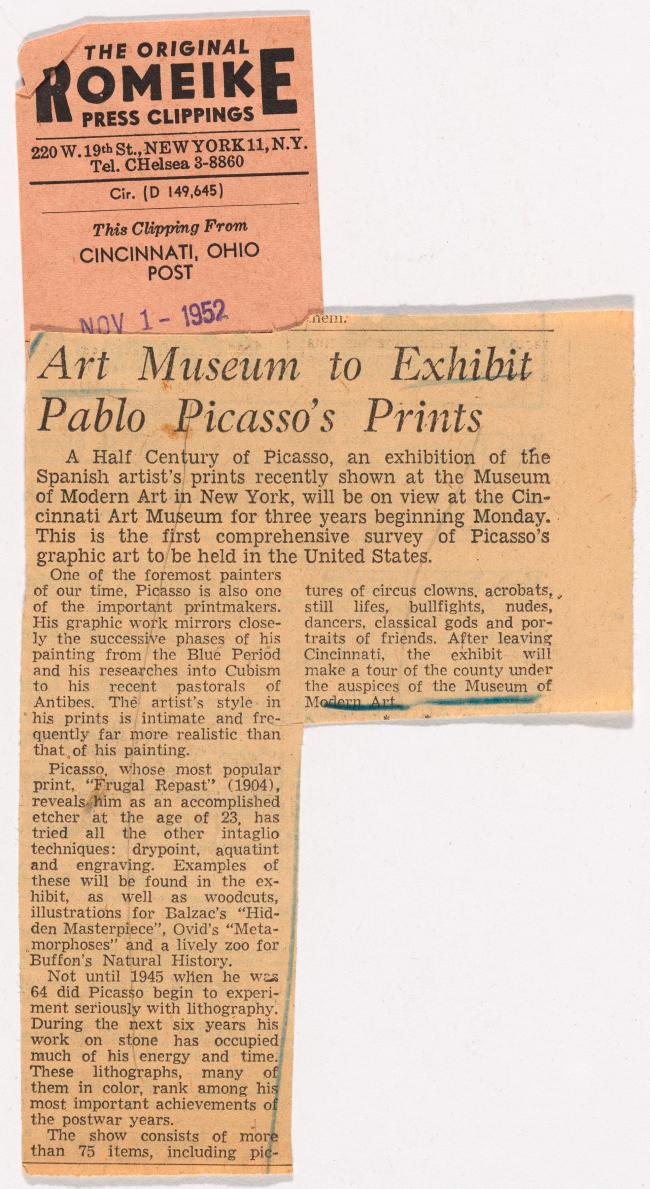 El museo de arte expondrá láminas de Pablo Picasso