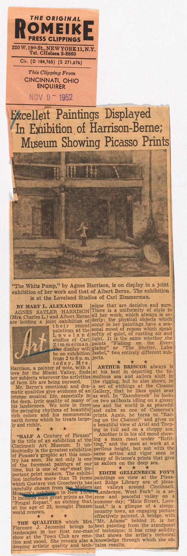 Grandes obras en la exposición de Harrison-Berne, el museo mostrará láminas de Picasso