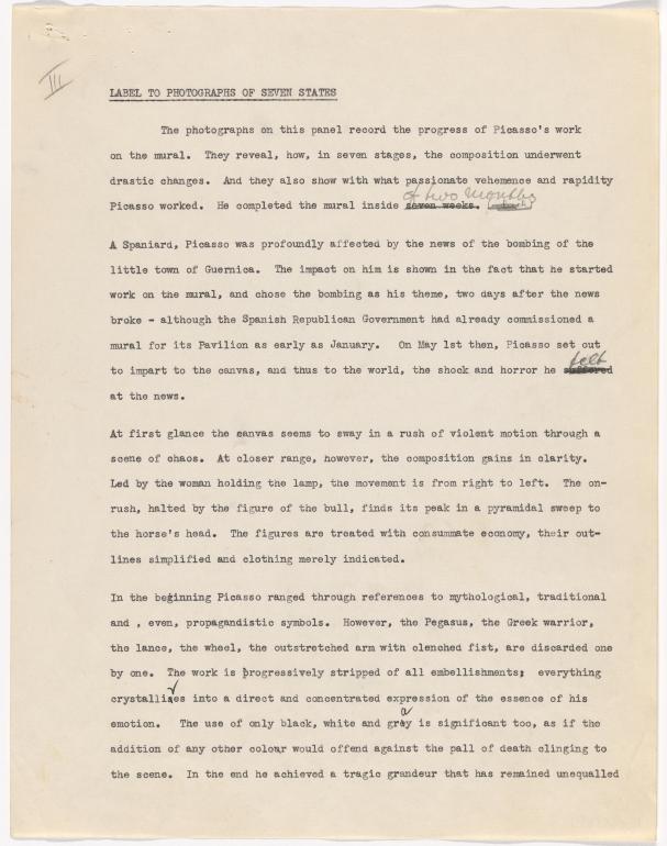 Borrador de cartela para la exposición Studies for Guernica organizada por el Museum of Art de Nueva York