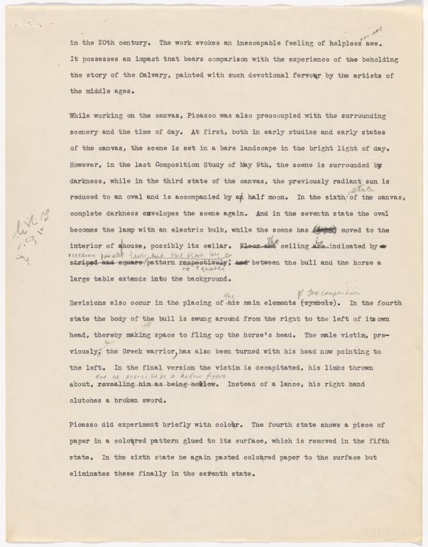 Borrador de cartela para la exposición Studies for Guernica organizada por el Museum of Art de Nueva York