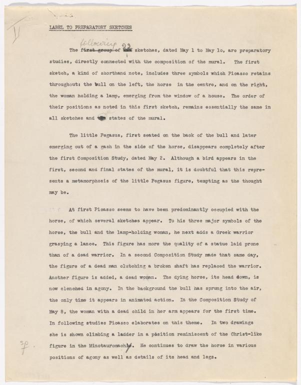 Borrador de cartela para la exposición Studies for Guernica organizada por el Museum of Art de Nueva York