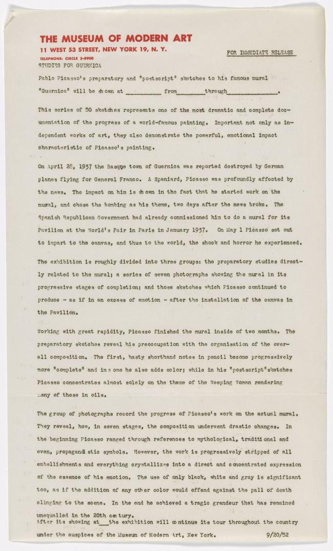 Modelo de nota de prensa del Museum of Modern Art de Nueva York para Studies for Guernica