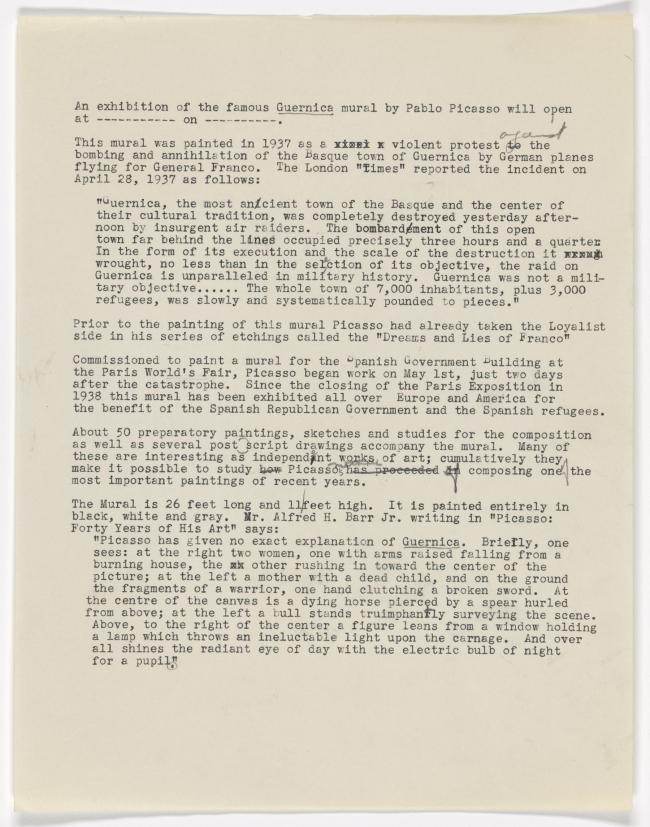 Borrador de nota de prensa del Museum of Modern Art de Nueva York para Studies for Guernica
