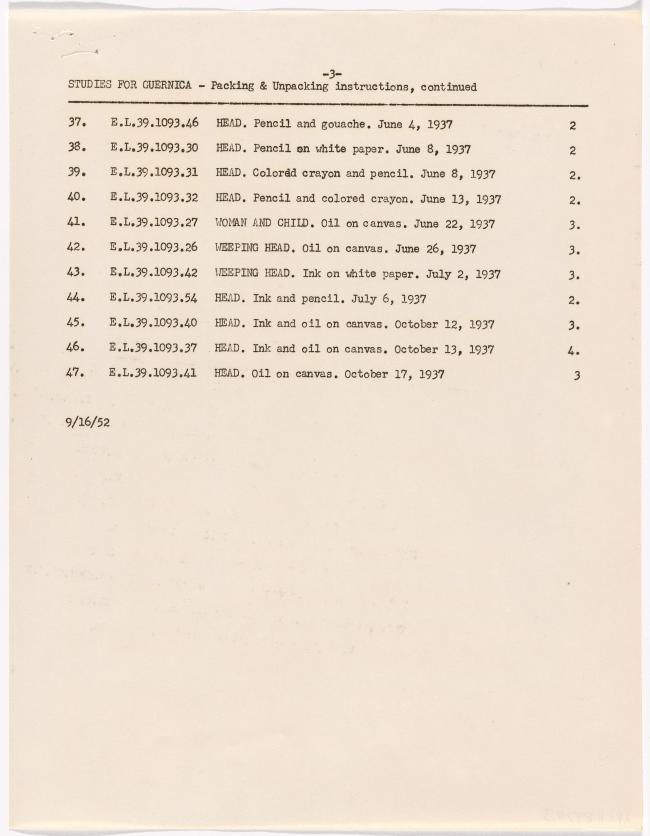 Instrucciones de embalaje de la exposición Studies for Guernica