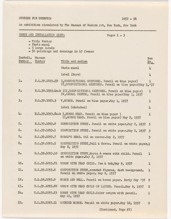 Listado de obras de la exposición Studies for Guernica