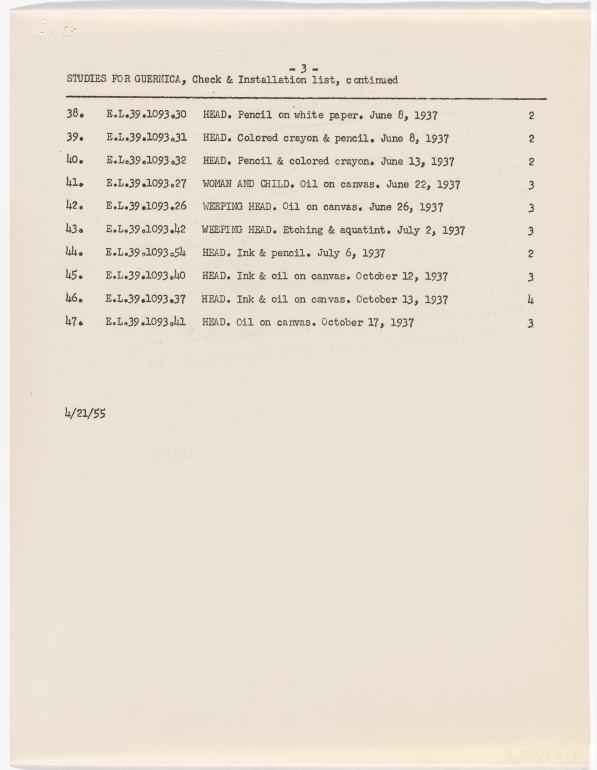 Listado de obras de la exposición Studies for Guernica