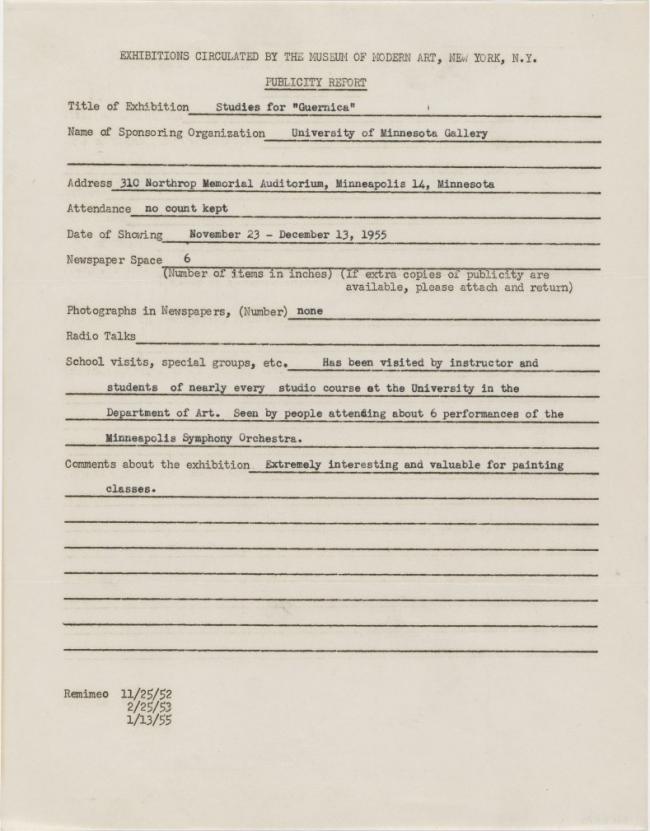 Informe de impacto de público de la exposición Studies for Guernica en la University of Minnesota Gallery 