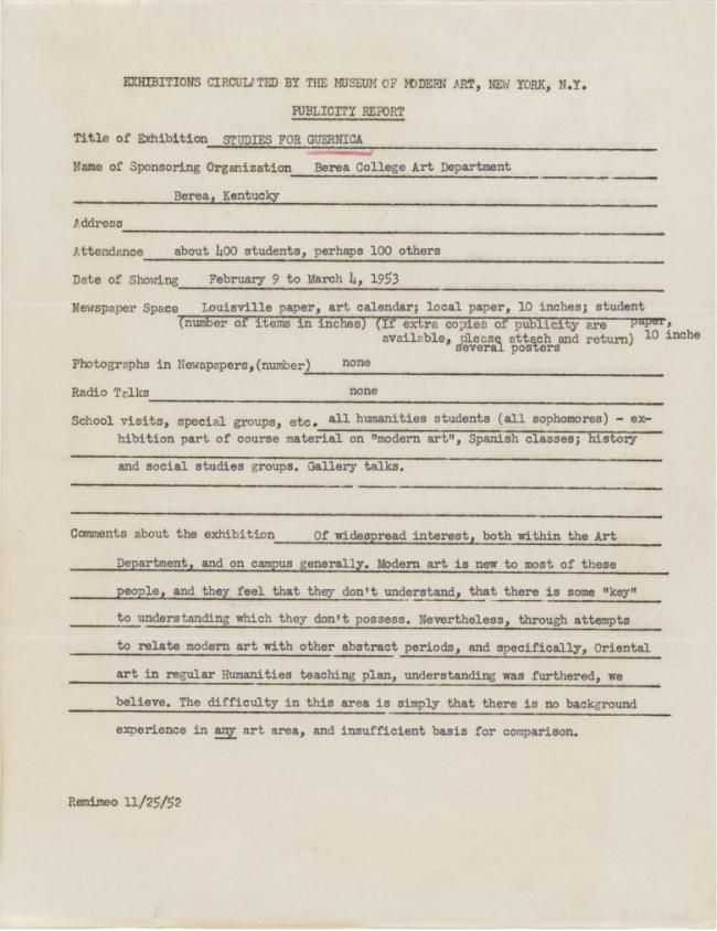 Informe de impacto de público de la exposición Studies for Guernica en el Berea College Art Department de Kentucky 
