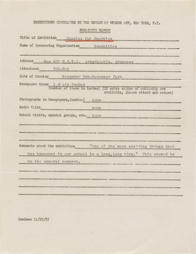 Informe de impacto de público de la exposición Studies for Guernica en la Arkansas University 