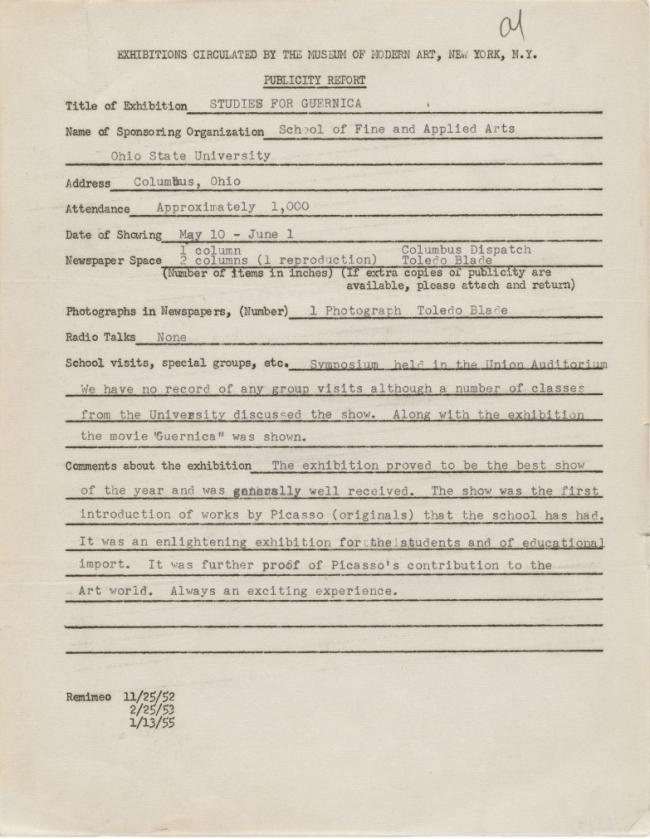 Publicity report for the exhibition Studies for Guernica by the School of Fine and Applied Arts, Columbus, Ohio, addressed to the Travelling Exhibitions Department at the Museum of Modern Art, New York
