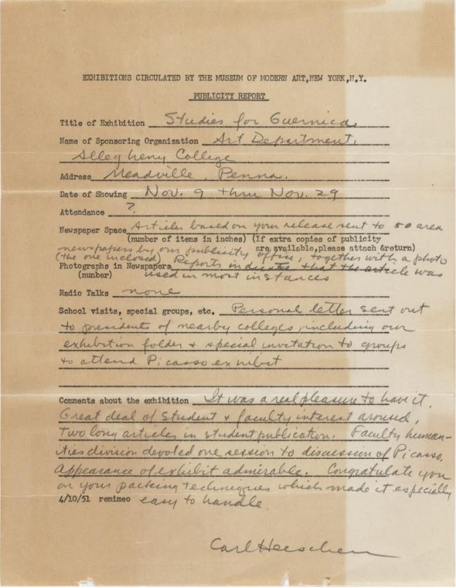 Informe de impacto de público de la exposición Studies for Guernica del Allegheny College, Meadville, Pensilvania