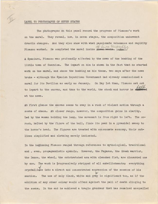 Texto de la cartela de las fotografías de siete estados para la exposición Studies for Guernica