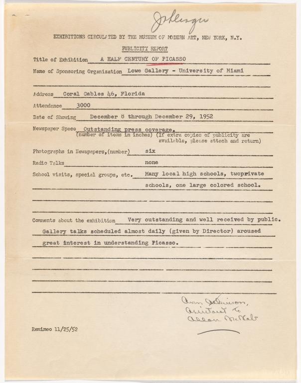 Informe de impacto de público de la exposición Studies for Guernica en la Lowe Gallery, Miami University