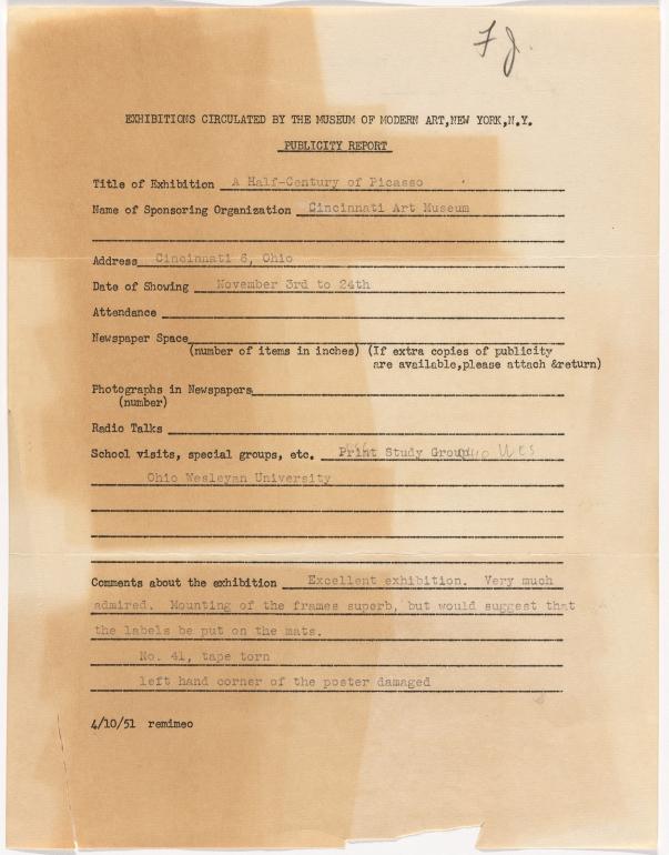 Informe de publicidad de la exposición Studies for Guernica del Cincinnati Art Museum