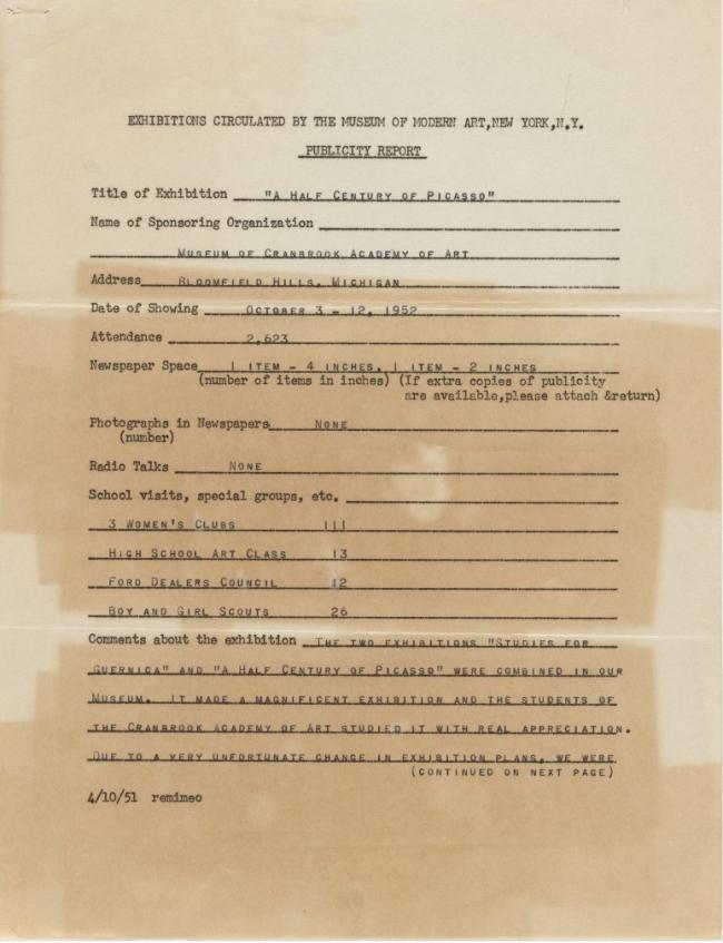 Informe de publicidad de la exposición Studies for Guernica del Museum of Cranbrook, Nueva Jersey