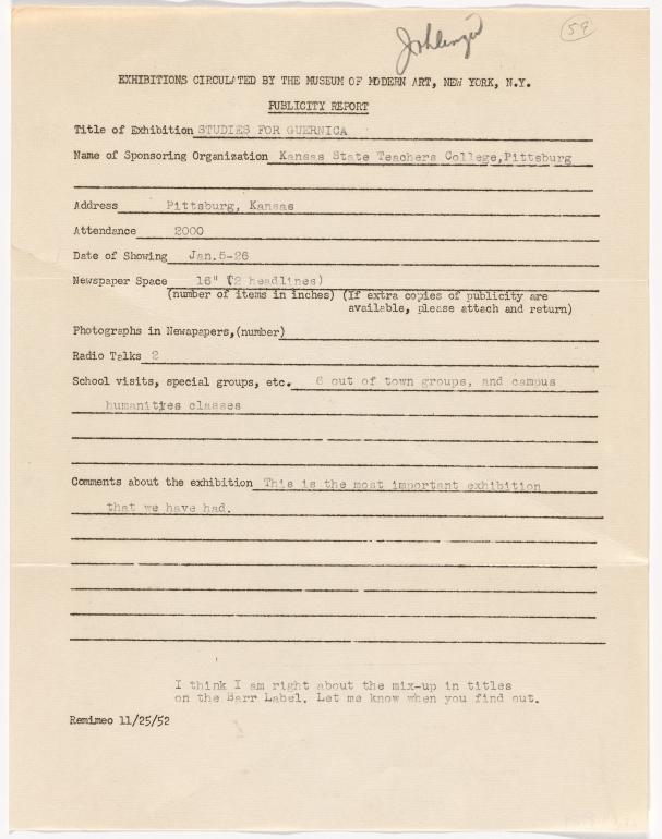 Informe de publicidad de la exposición Studies for Guernica del Kansas State Teachers College, Pittsburg, dirigido al Departamento de Exposiciones Itinerantes del Museum of Modern Art de Nueva York