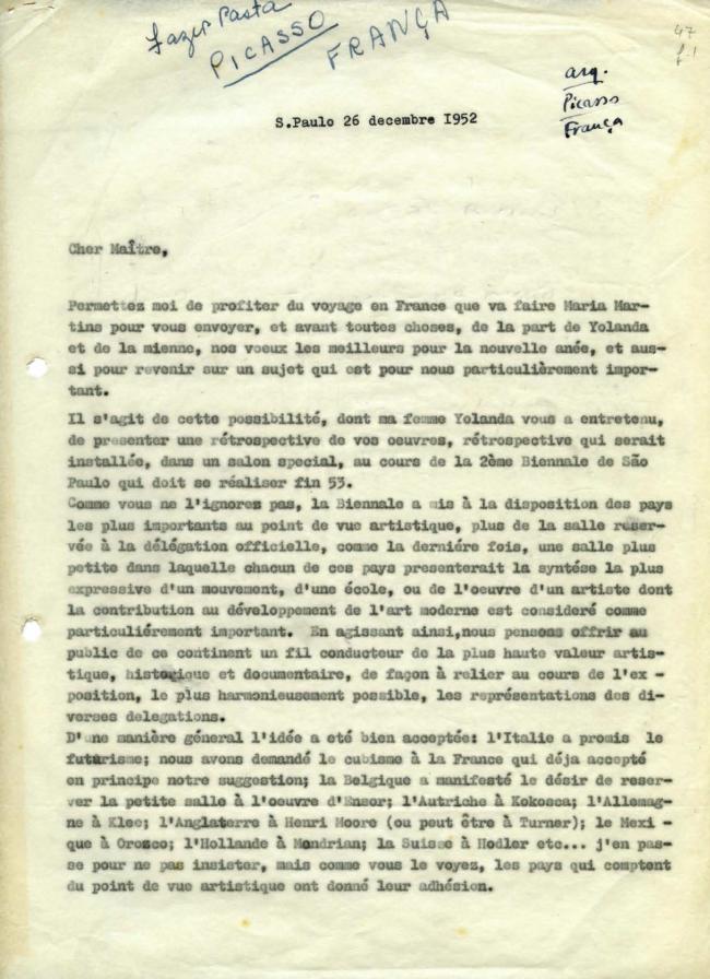 Carta de Francisco Matarazzo Sobrinho a Pablo Picasso del 26 de diciembre de 1952
