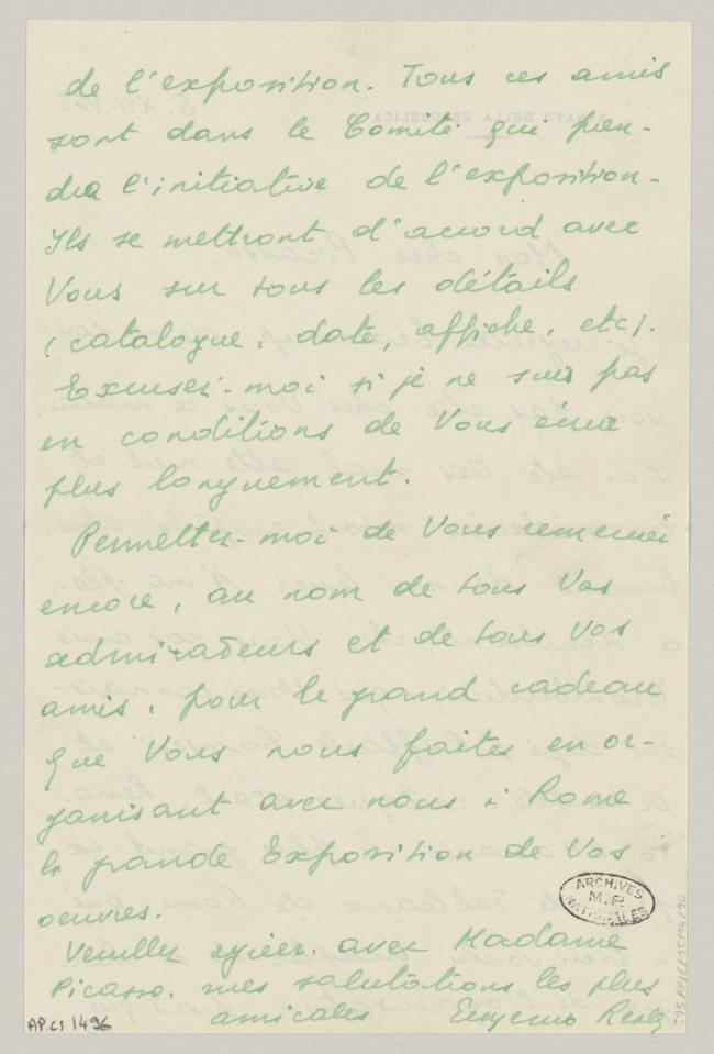 Eugenio Reale's letter to Pablo Picasso, date 5 December 1952