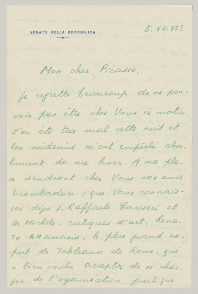 Eugenio Reale's letter to Pablo Picasso, date 5 December 1952