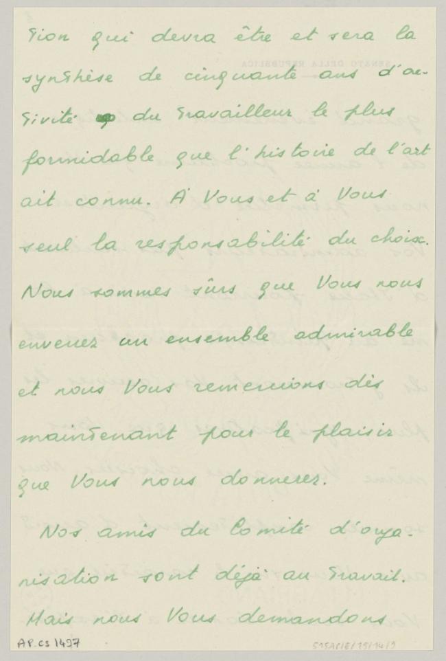Eugenio Reale's letter to Pablo Picasso, dated 10 December 1952