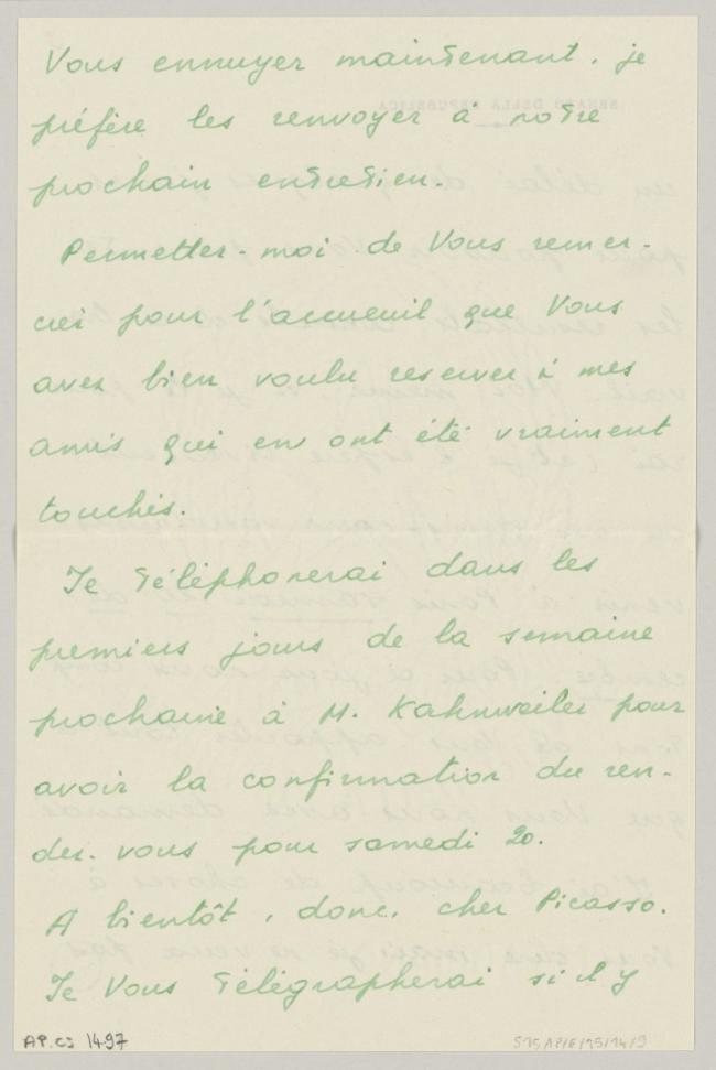 Eugenio Reale's letter to Pablo Picasso, dated 10 December 1952