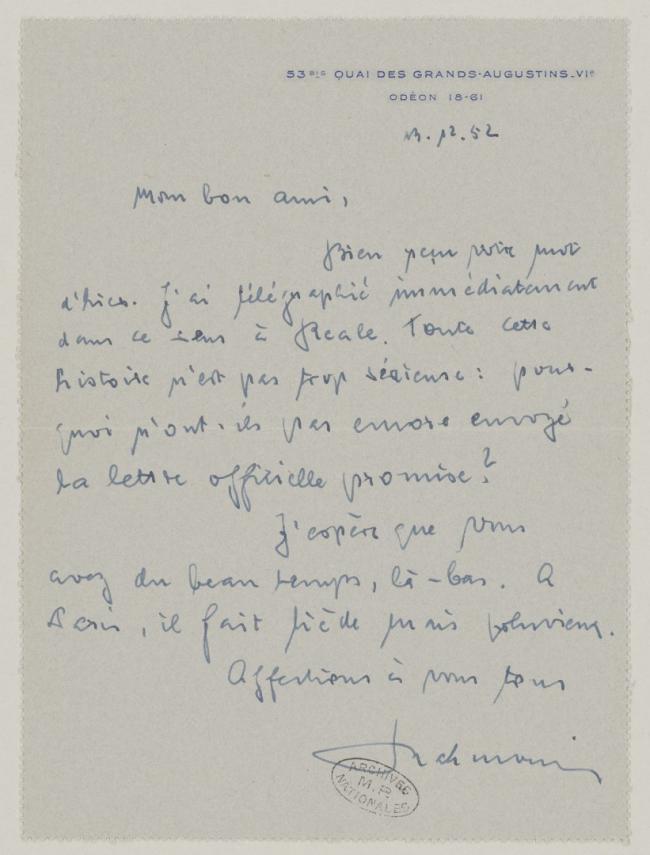 Daniel-Henry Kahnweiler's letter to Pablo Picasso, dated 13 December 1952
