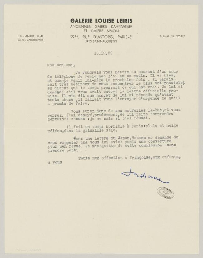 Pablo Picasso's letter to Daniel-Henry Kahnweiler, dated 16 December 1952