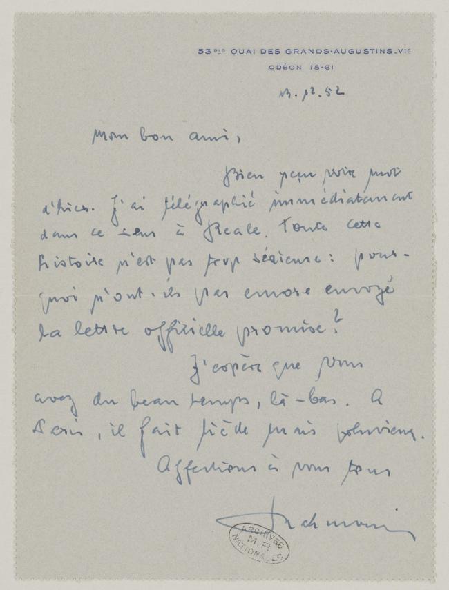Carta de Daniel-Henry Kahnweiler a Pablo Picasso del 12 de diciembre de 1952
