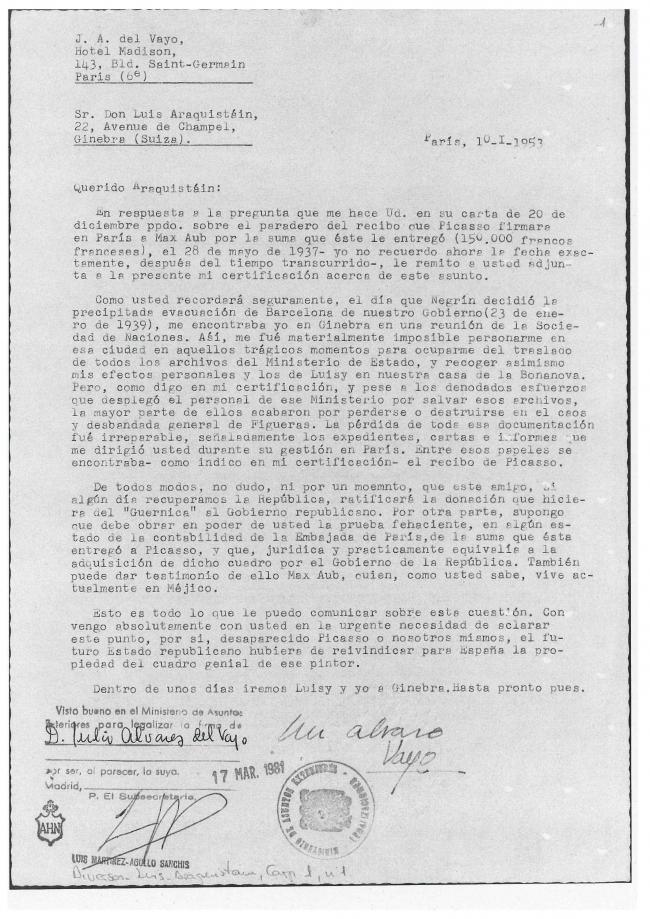 Carta de Julio Álvarez del Vayo a Luis Araquistáin