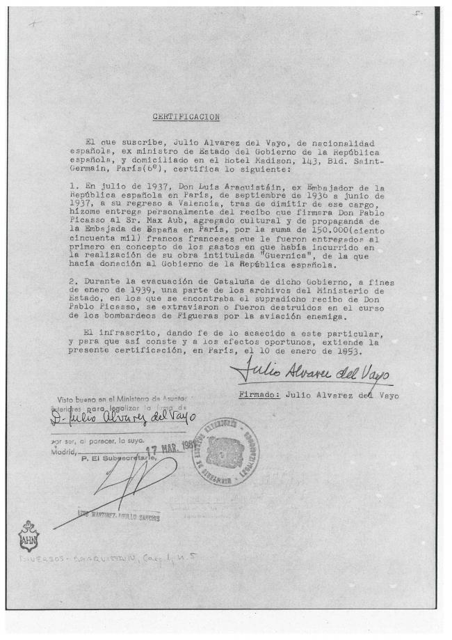 Certificación de Julio Álvarez del Vayo