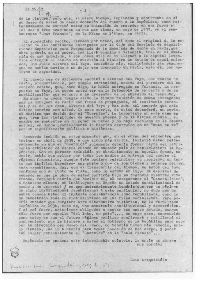 Carta de Luis Araquistáin a Pablo Picasso